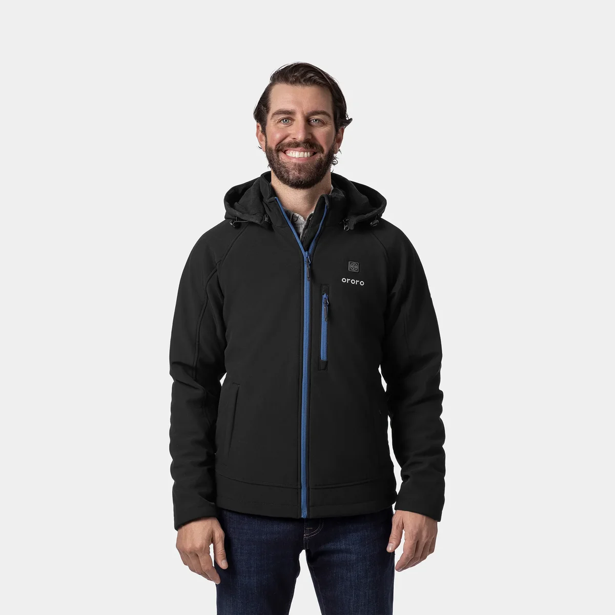 ORORO Men's Classic Heated Jacket in black with blue zippers, front view worn zipped, showing the chest heat-control button, zip chest pocket and the detachable hood resting on the shoulders