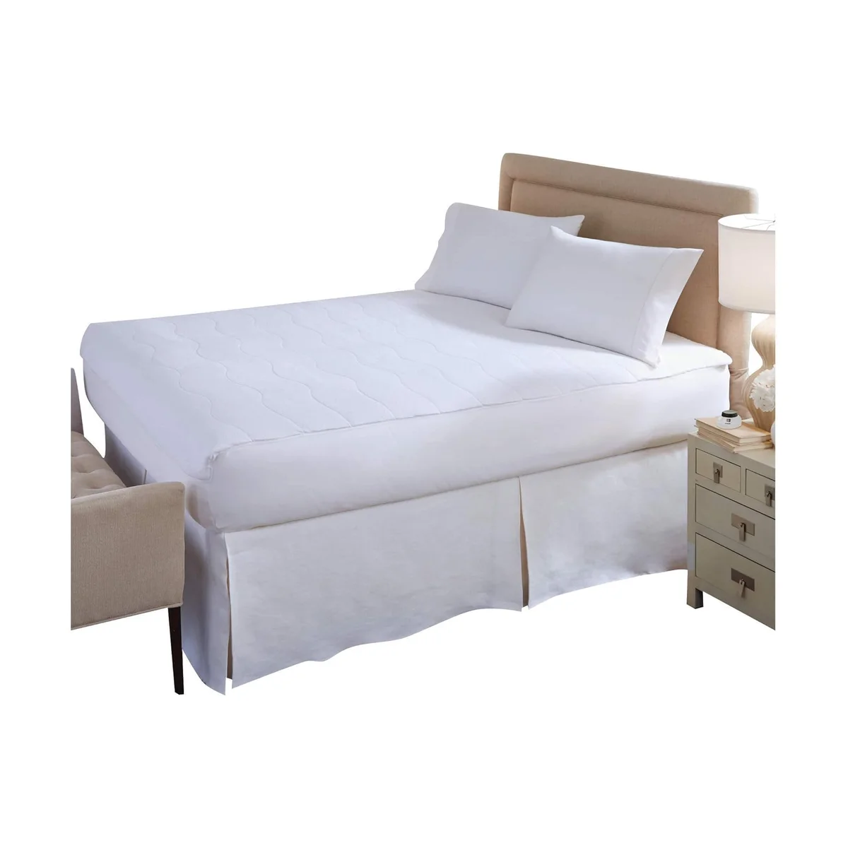 Perfect Fit SoftHeat Smart heated mattress pad shown from a side angle over a mattress, showing the quilted micro-plush surface and low-profile fit