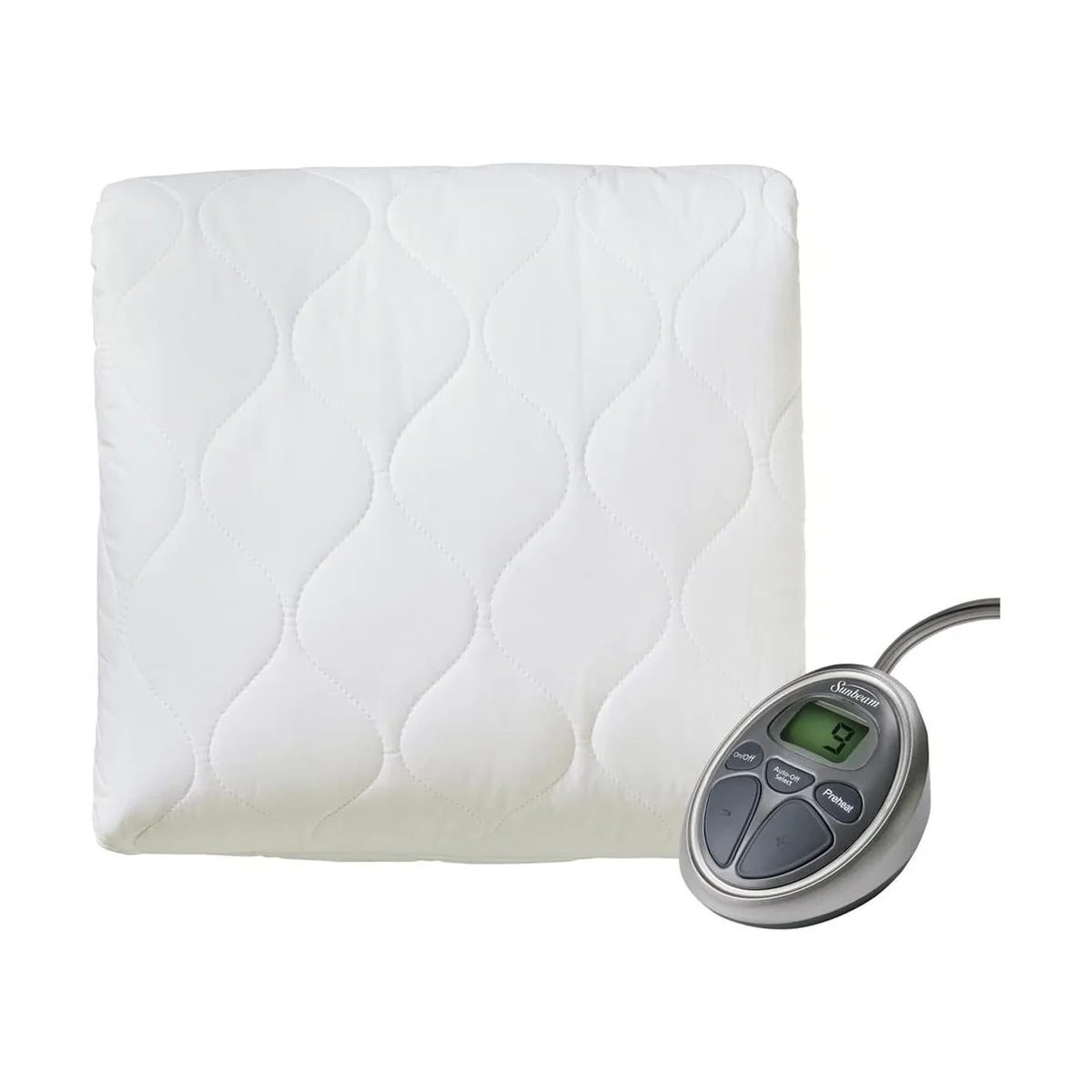 Sunbeam Deluxe Water-Resistant Heated Mattress Pad folded with silver digital controller