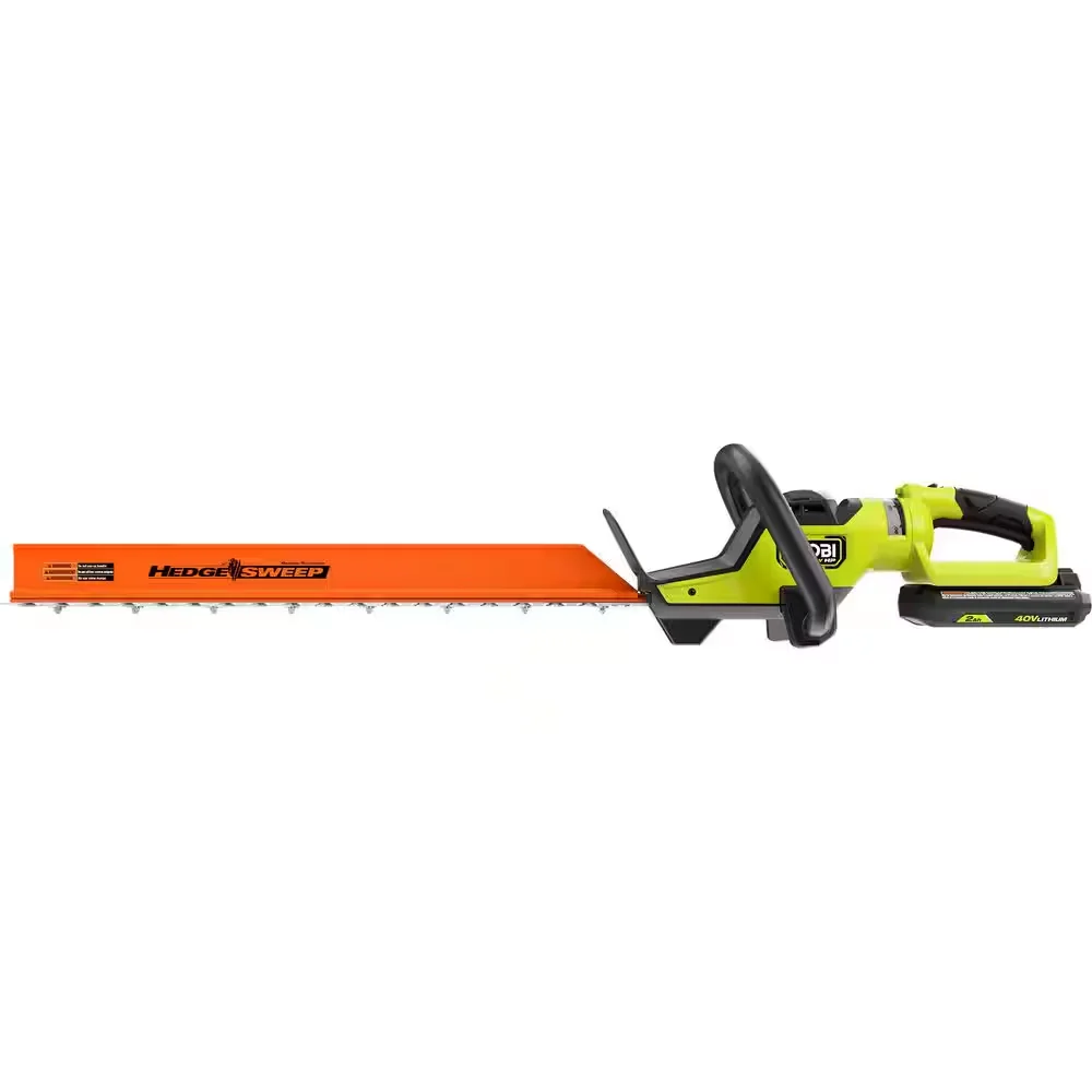 Ryobi 40V HP Brushless 26-Inch Hedge Trimmer flat side profile showing full blade length with battery
