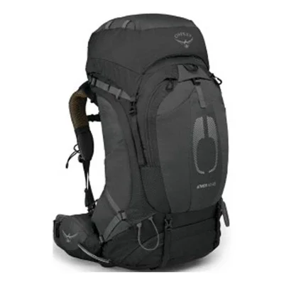 Osprey Atmos AG 65 backpack three-quarter angle view with hip belt and shoulder straps