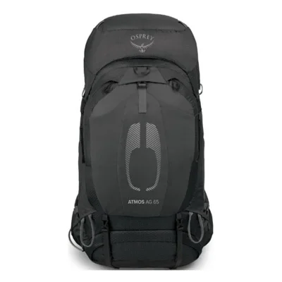 Osprey Atmos AG 65 backpack straight-on front view showing ATMOS AG 65 branding and main panel