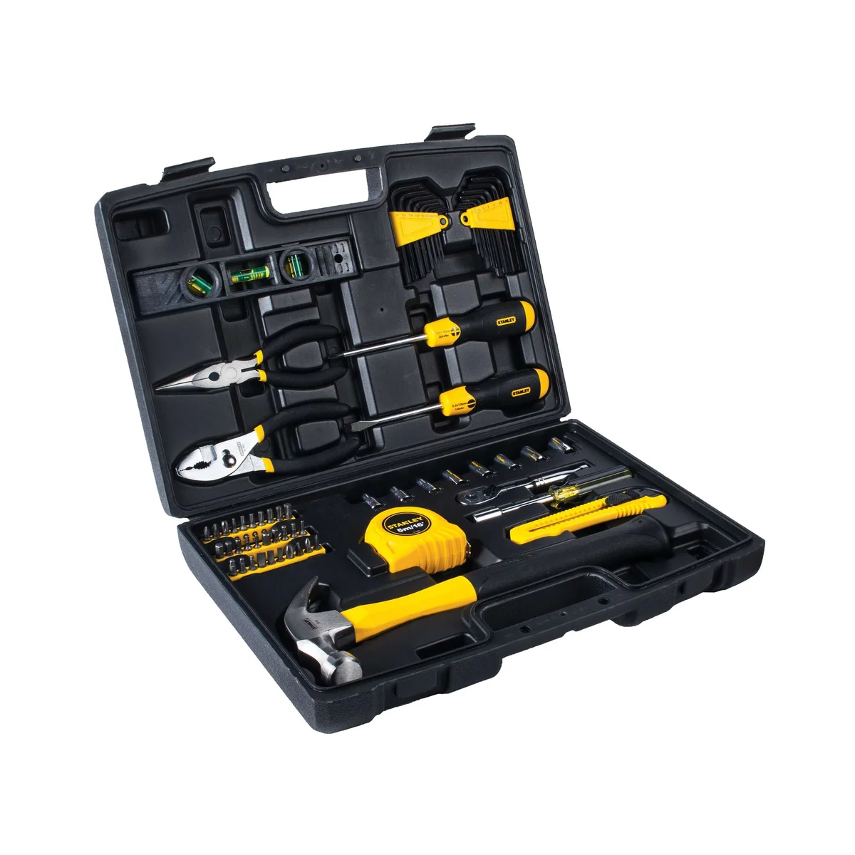 Stanley 94-248 tool kit open case at 3/4 angle showing tools in molded tray