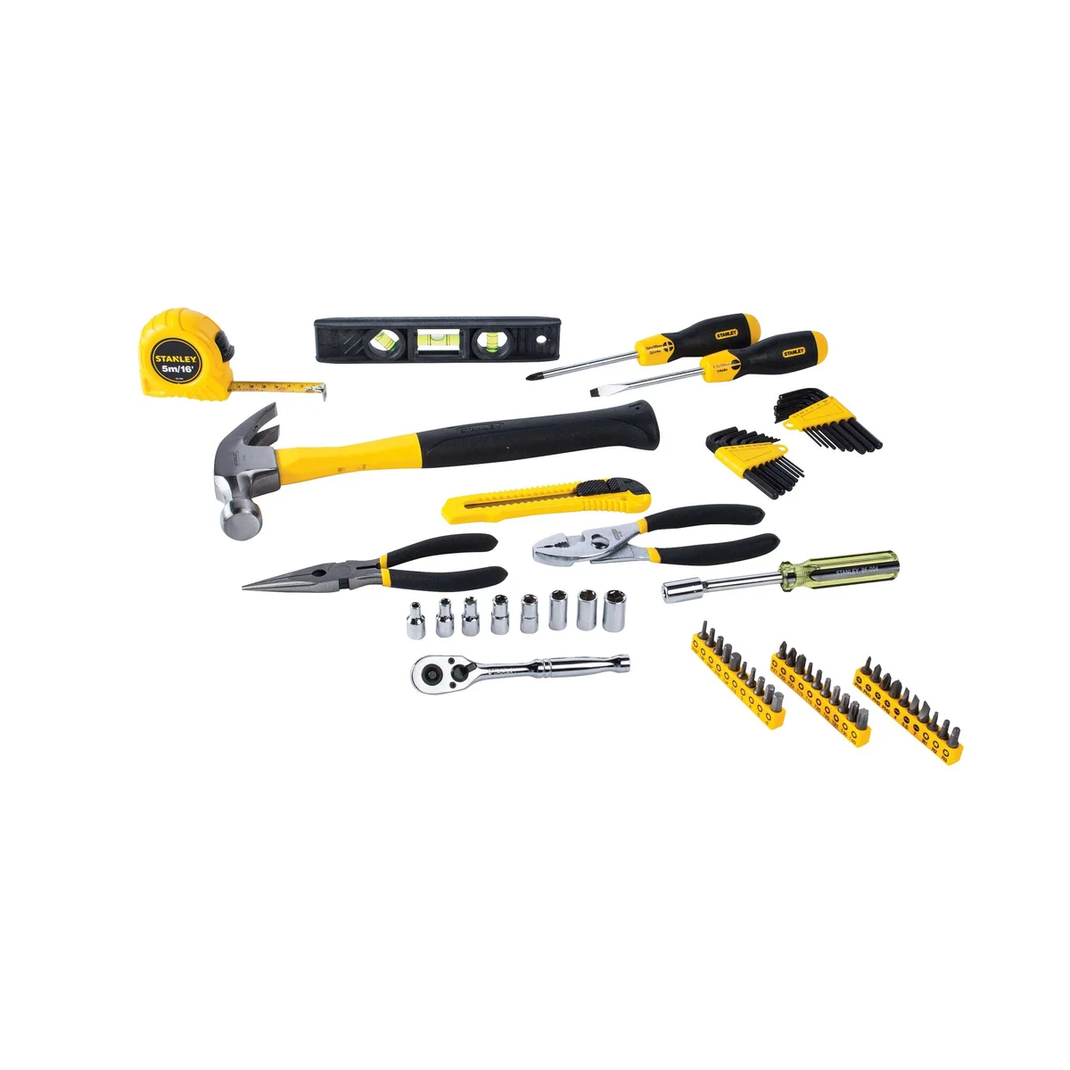 Stanley 94-248 complete tool set laid out including hammer, pliers, ratchet, sockets, and screwdrivers