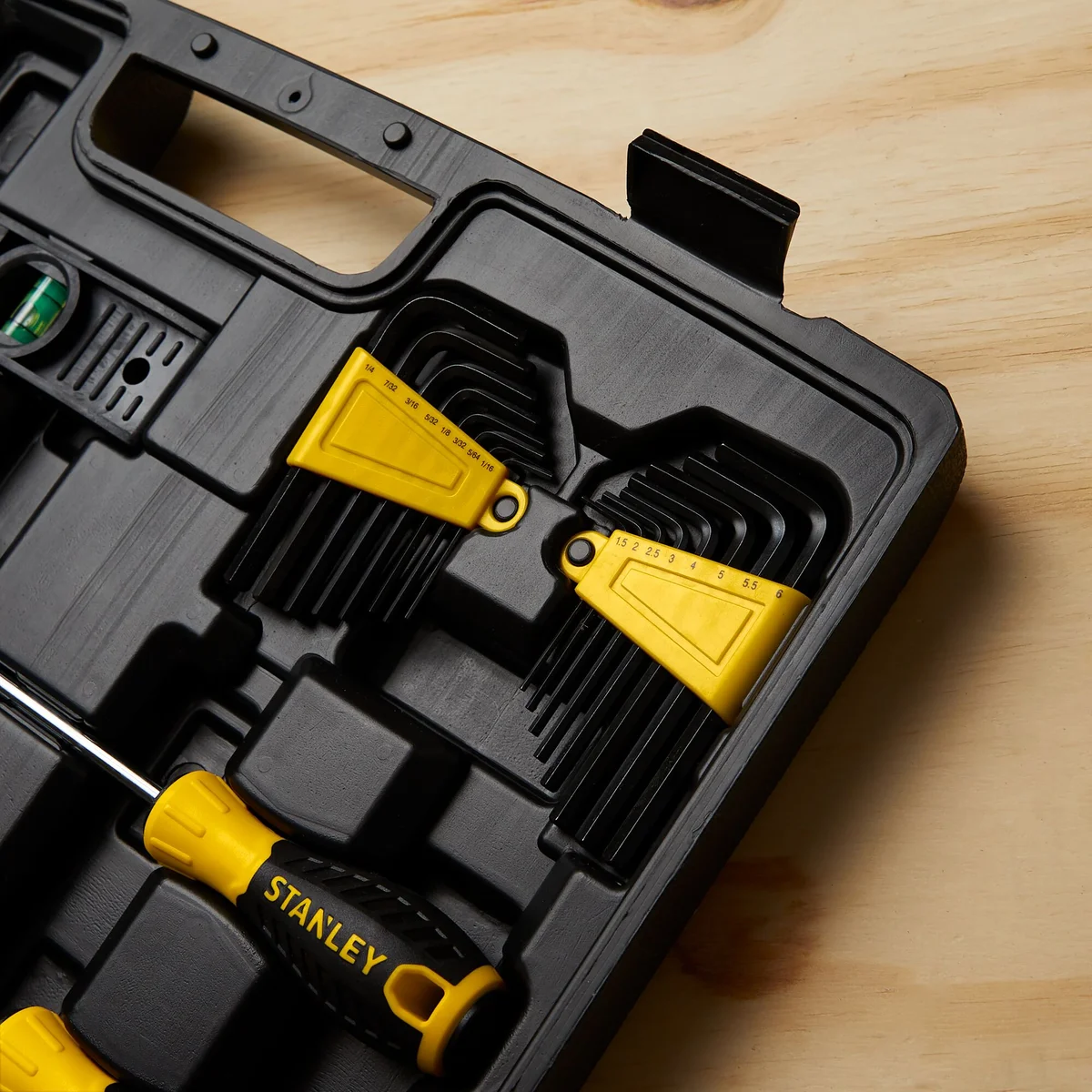 Stanley 94-248 case interior close-up showing hex key set and screwdrivers in molded slots