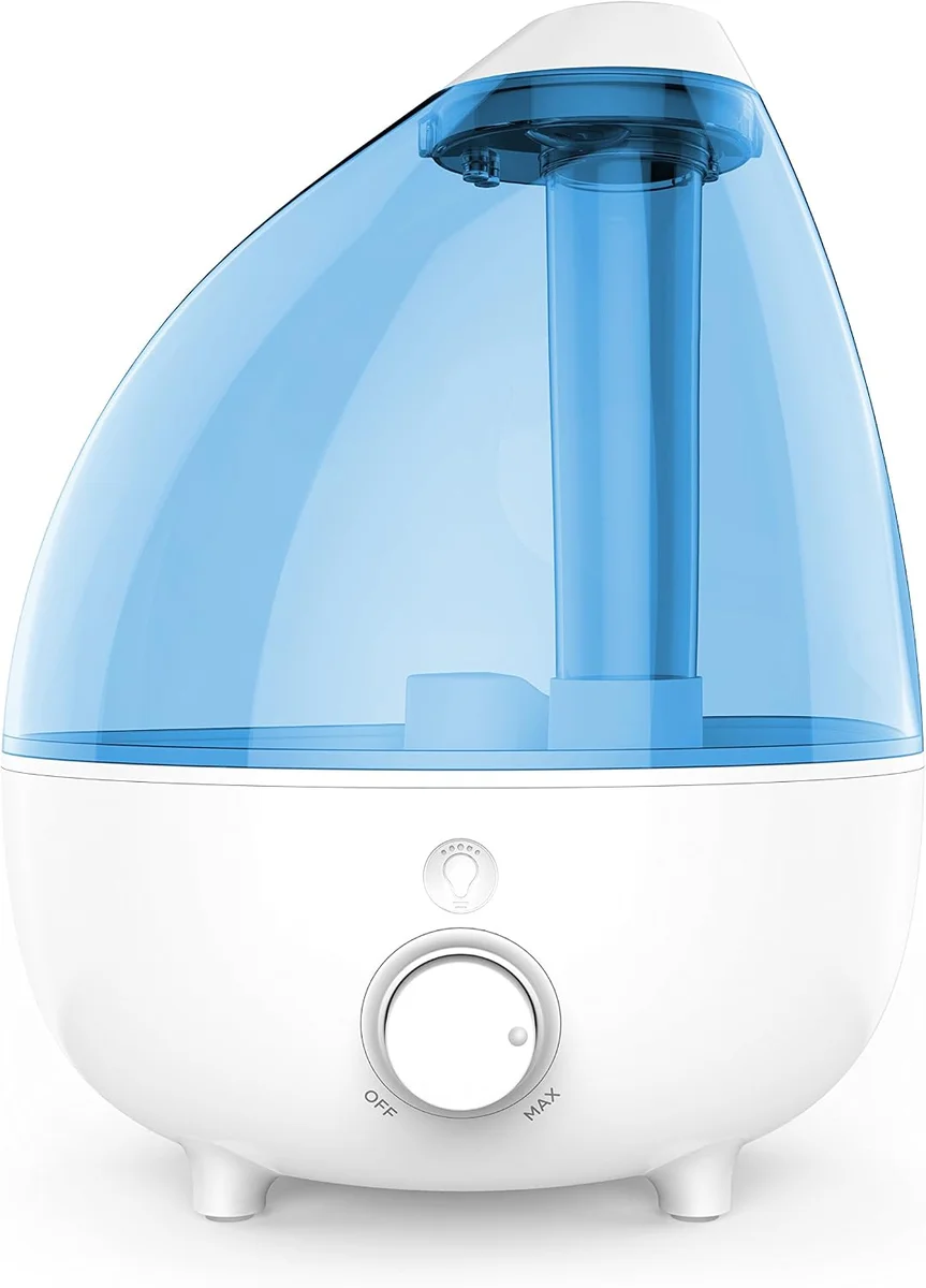 Pure Enrichment MistAire humidifier angled view highlighting the high/low mist dial and night light button on the front of the base