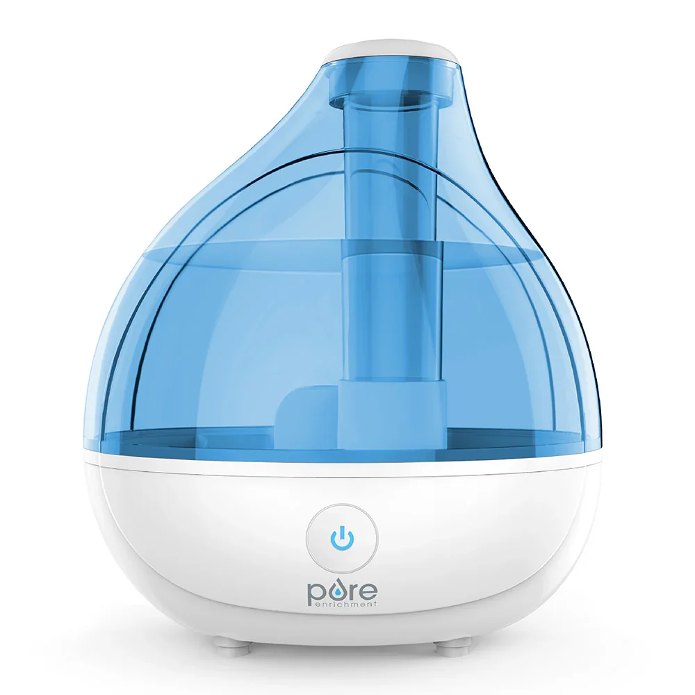 Pure Enrichment MistAire Ultrasonic Cool Mist Humidifier front view on a white background showing the teardrop-shaped blue water tank and white base with power button