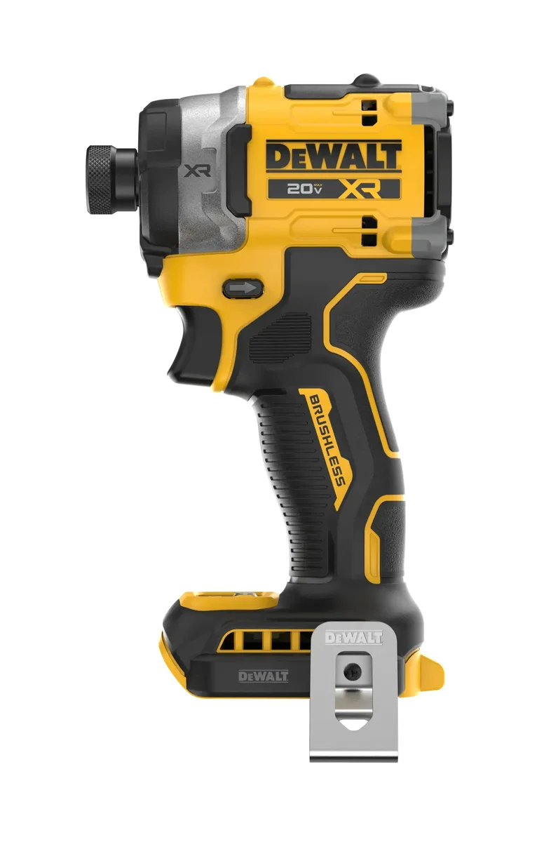 DeWalt DCF860 front-facing view showing belt clip and speed selector