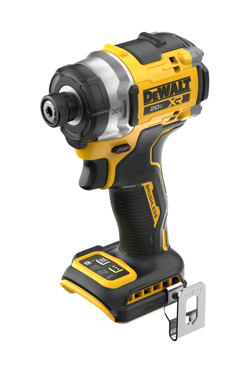 DeWalt DCF860 overhead 3/4 angle highlighting the 3-speed head and LED ring
