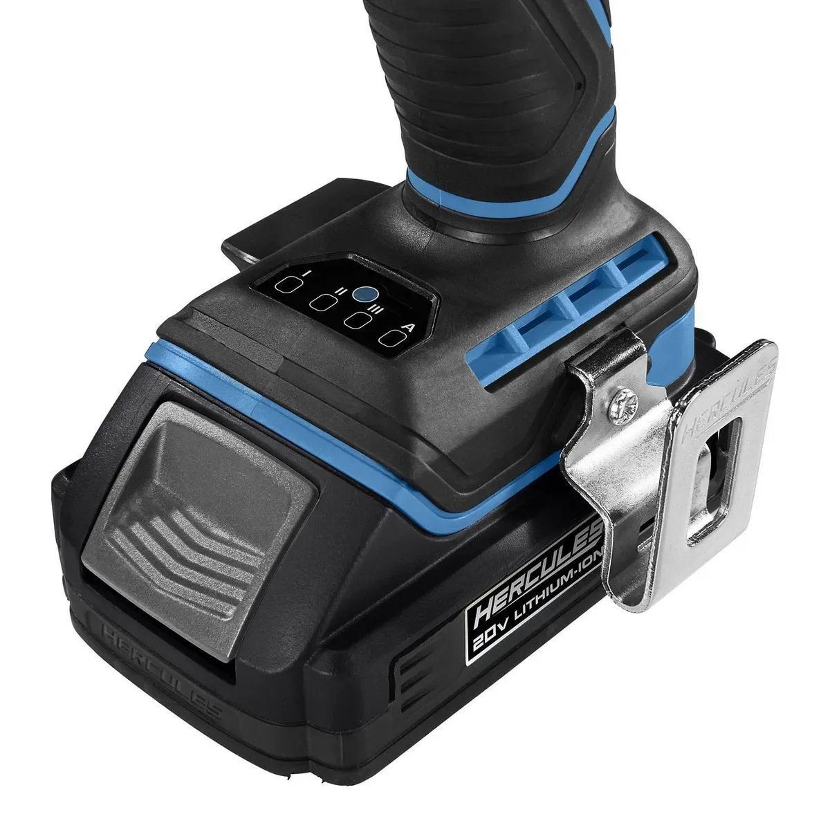 Hercules HCB81B 3-speed mode selector and belt clip detail with battery attached