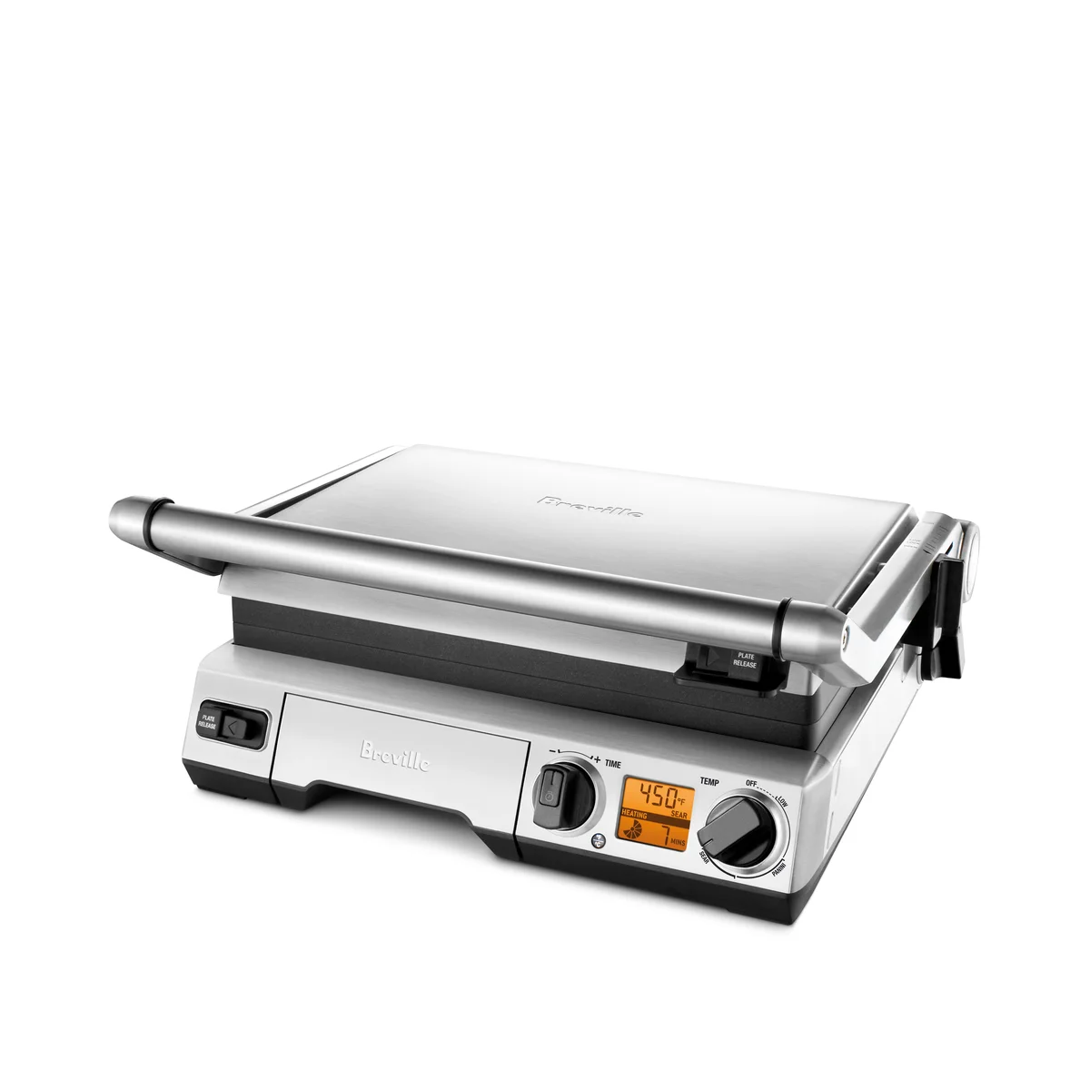 Breville the Smart Grill BGR820XL in brushed stainless steel, closed, three-quarter front view showing the LCD display and temperature dial