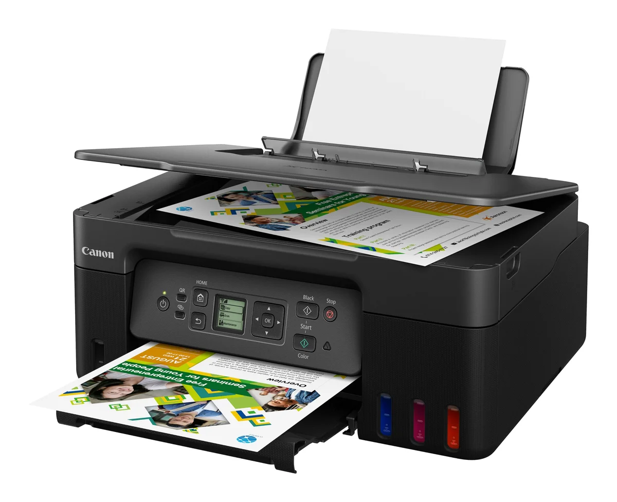 Canon Pixma G3270 MegaTank 3/4 angle with scanner lid open