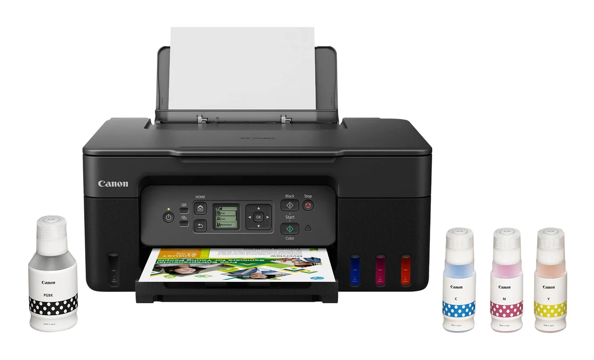 Canon Pixma G3270 MegaTank front view with ink bottles
