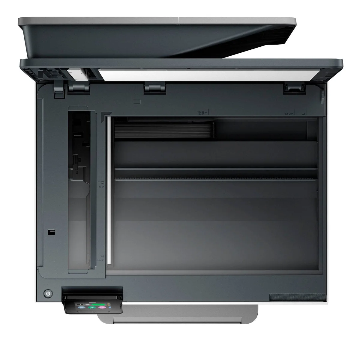 HP OfficeJet Pro 9125e flatbed scanner lid open showing scan bed interior