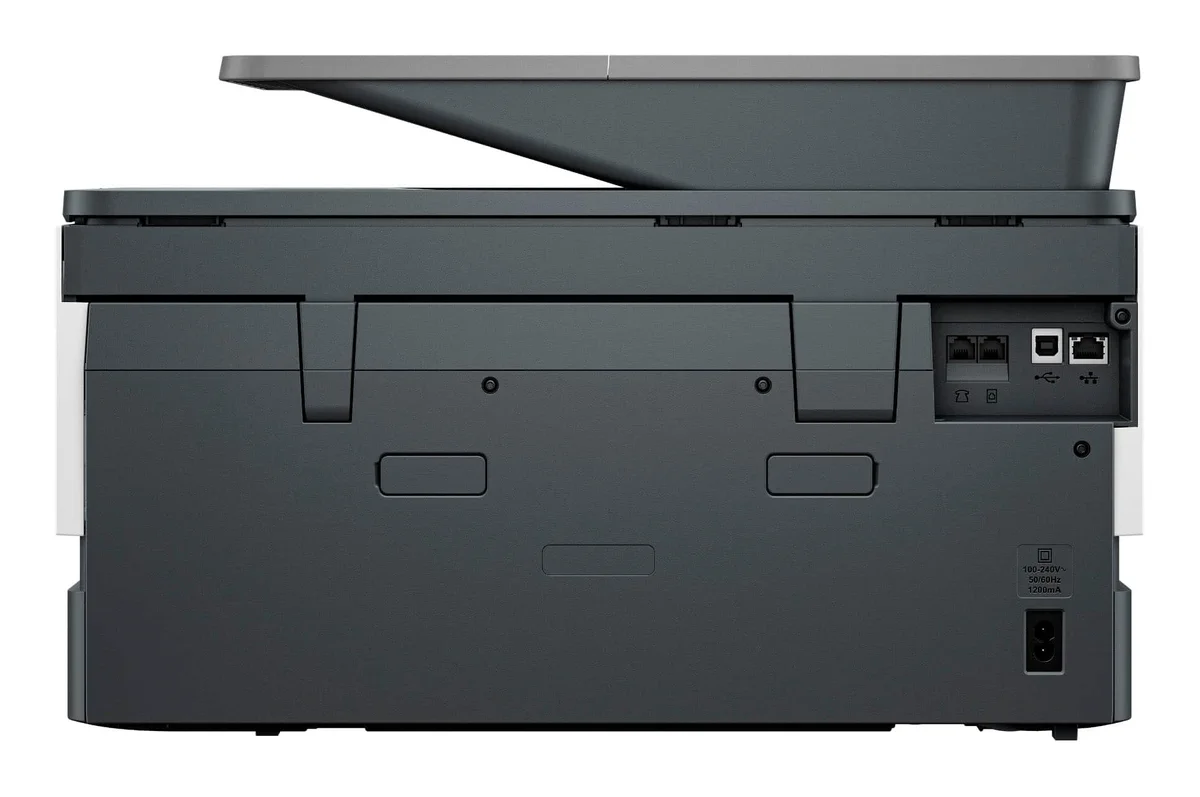 HP OfficeJet Pro 9125e rear panel showing USB, ethernet, and phone ports