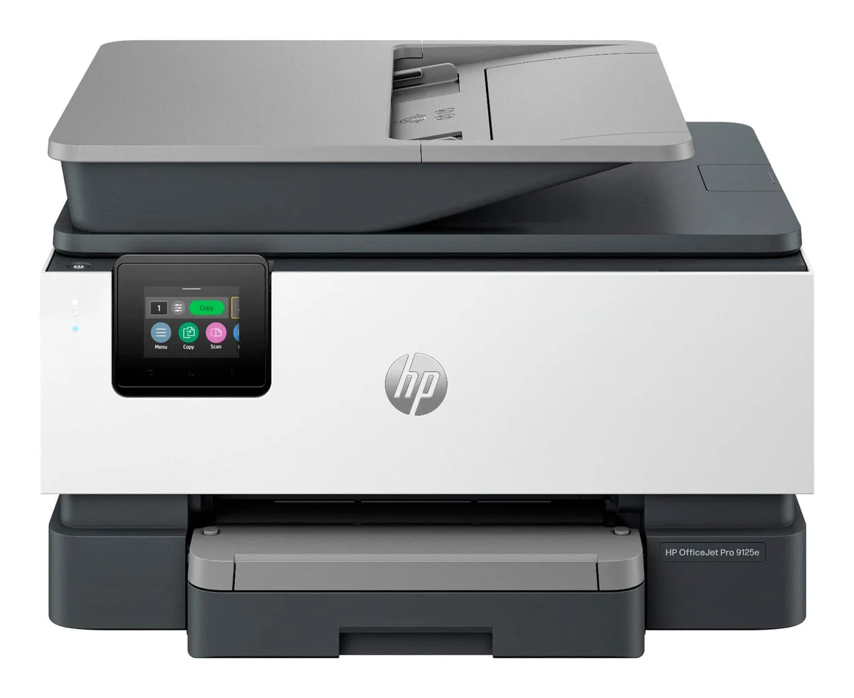 HP OfficeJet Pro 9125e front view with touchscreen and paper tray