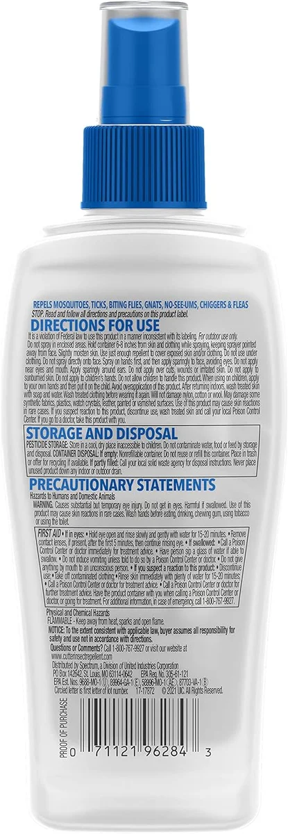 Cutter Backwoods pump spray back label showing directions for use and precautionary statements