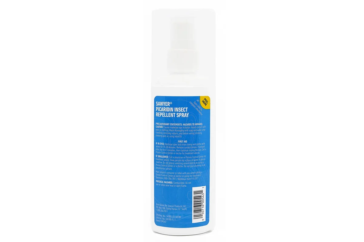 Sawyer Picaridin 20% spray bottle back label showing active ingredient 20% picaridin and EPA registration
