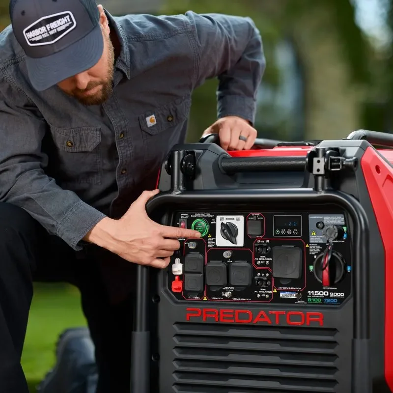 Person operating the Predator 11500W Tri-Fuel Inverter Generator control panel, showing outlets, breakers, and electric start button