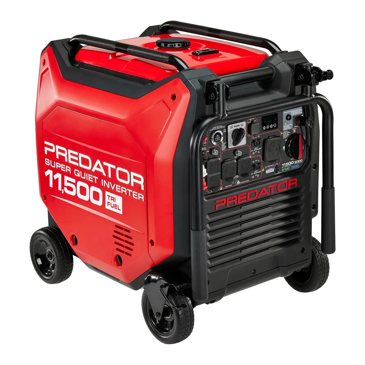 Predator 11500W Tri-Fuel Super Quiet Inverter Generator 3/4 front view showing control panel and red enclosure