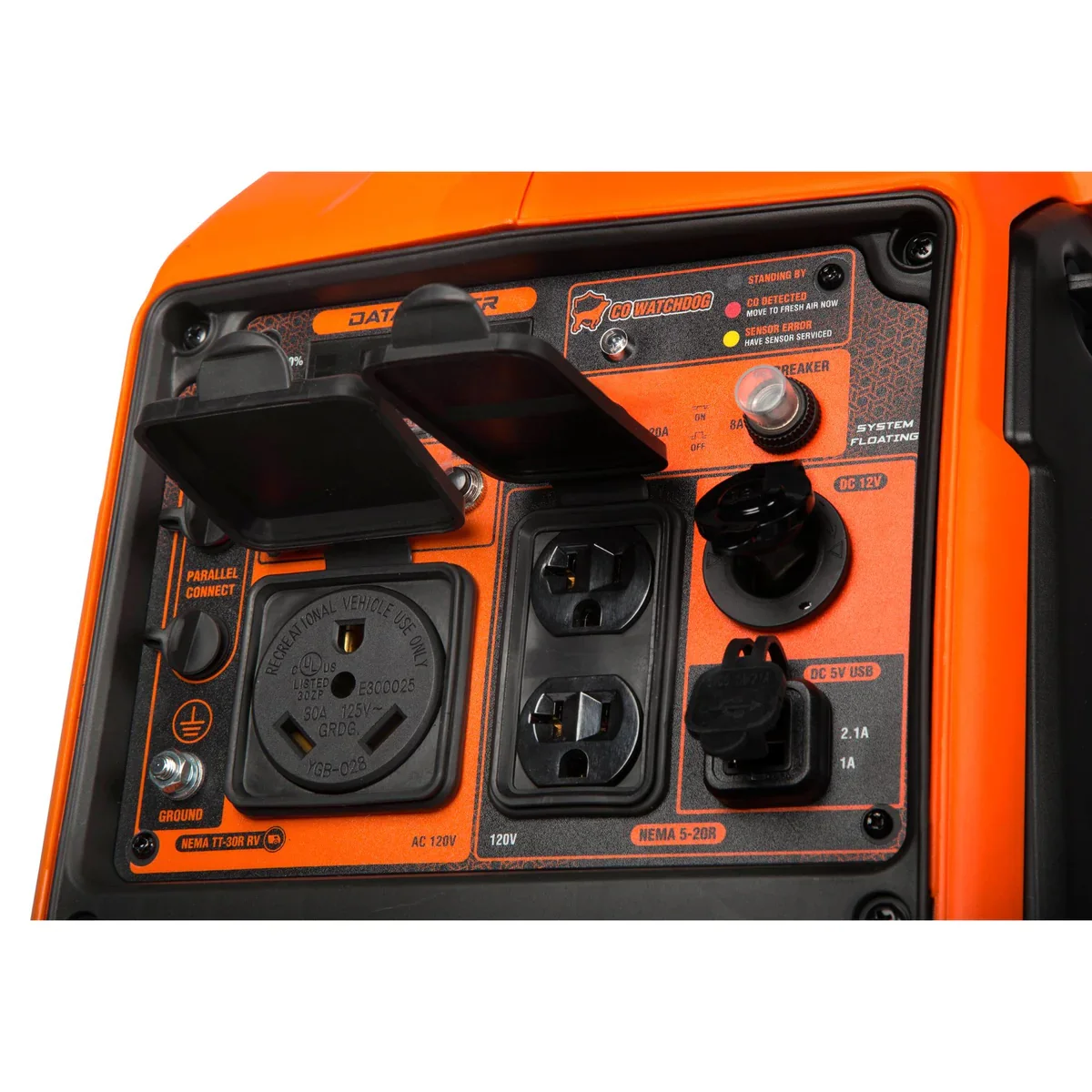 WEN DF360iX inverter generator control panel close-up showing NEMA TT-30R RV outlet, NEMA 5-20R outlets, DC 12V port, and USB charging ports