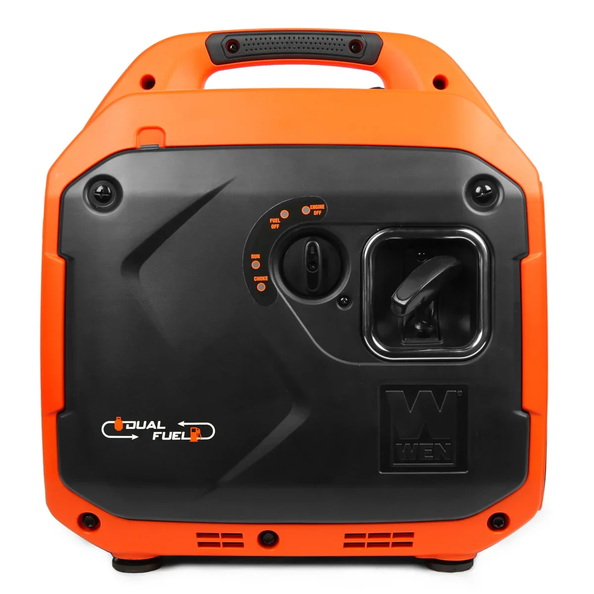 WEN DF360iX inverter generator rear panel showing fuel selector switch and recoil starter handle