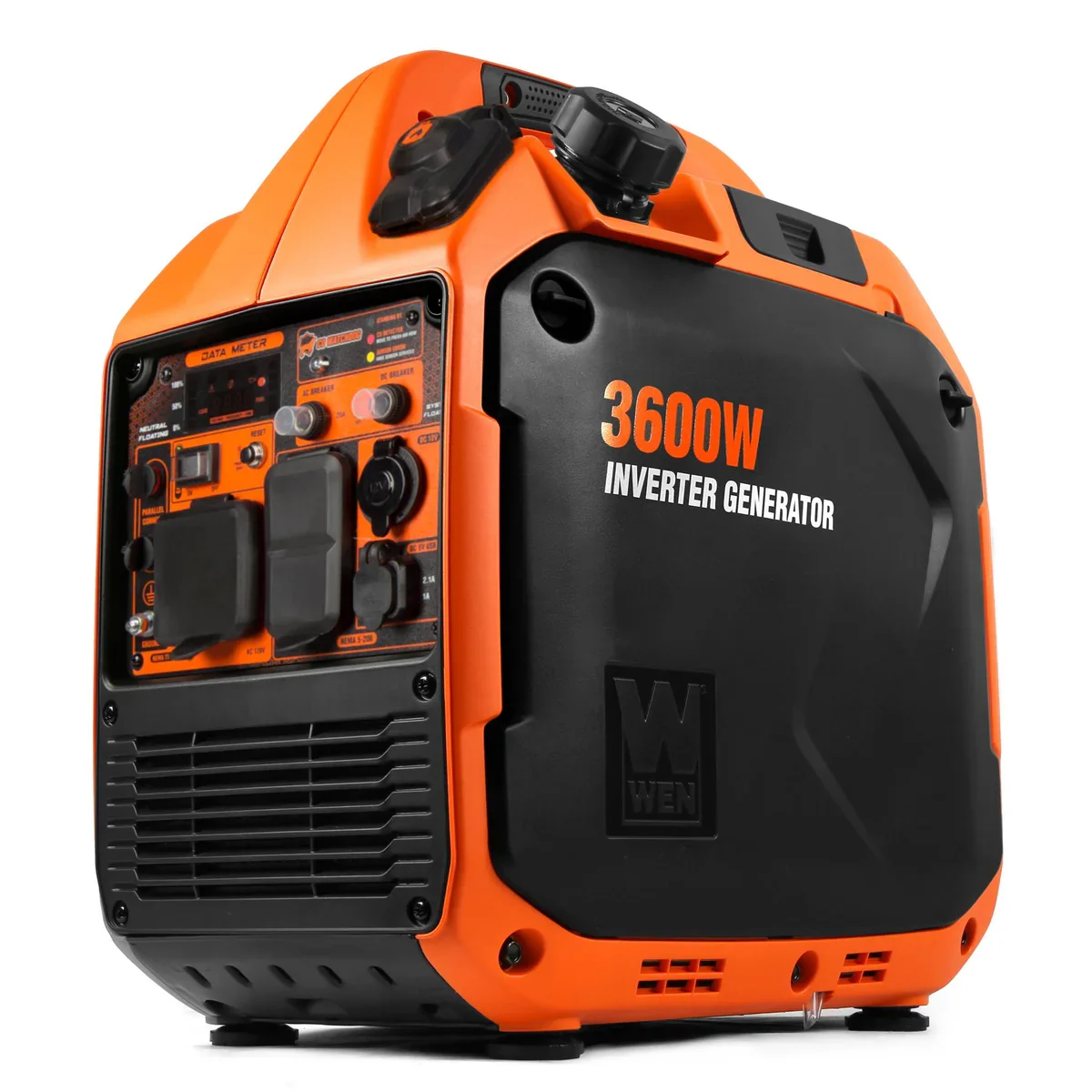 WEN DF360iX 3600W Dual Fuel Inverter Generator front three-quarter view showing control panel and outlets