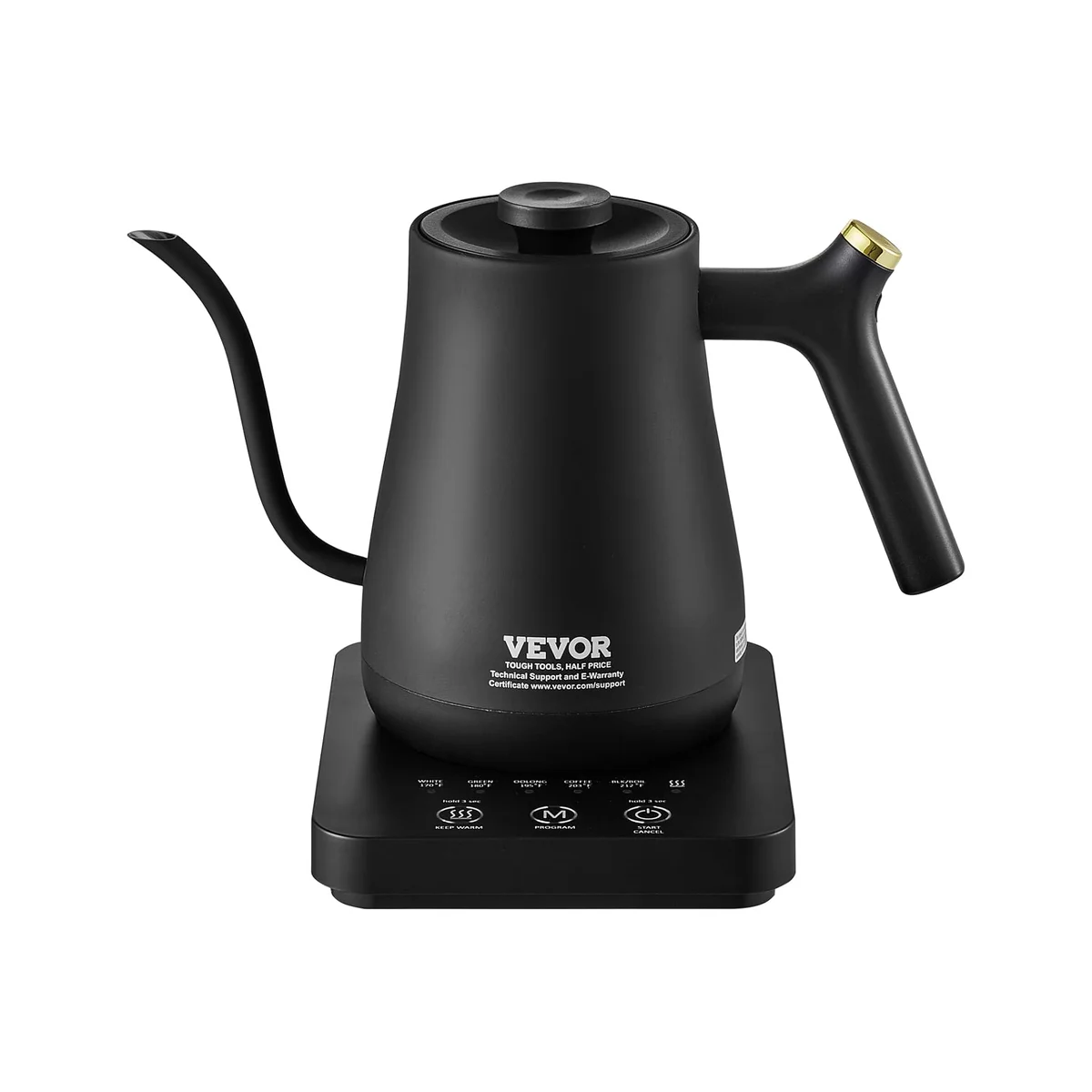 Vevor Gooseneck Kettle front view showing the temperature preset control panel with five beverage labels