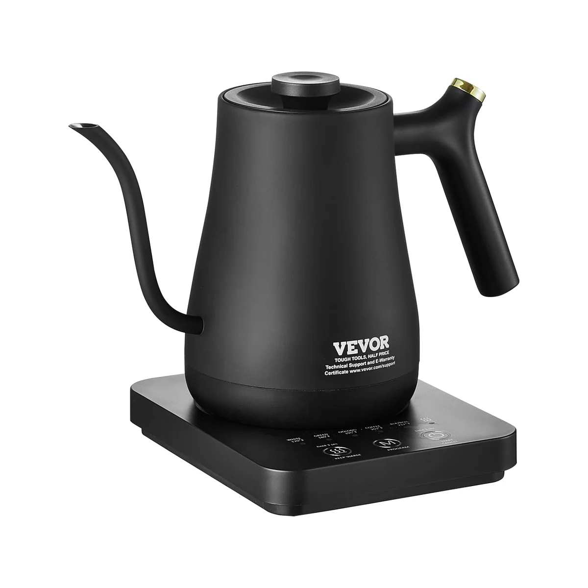 Vevor Gooseneck Electric Kettle 1L in matte black, 3/4 view showing gooseneck spout and square control base