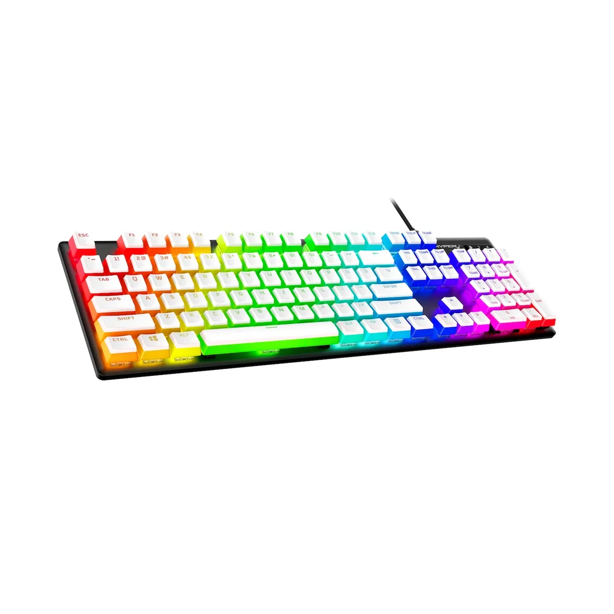HyperX Pudding Double Shot PBT Keycaps white colorway on keyboard showing RGB shine-through, 3/4 angle view