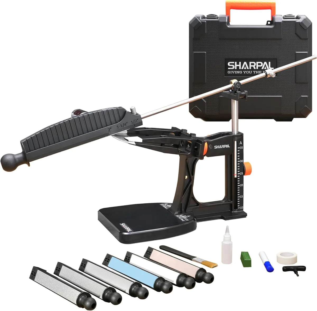 Sharpal 202H Precision Knife Sharpening System assembled sharpener stand beside its closed hard case, with all abrasive plates and accessories arranged in front