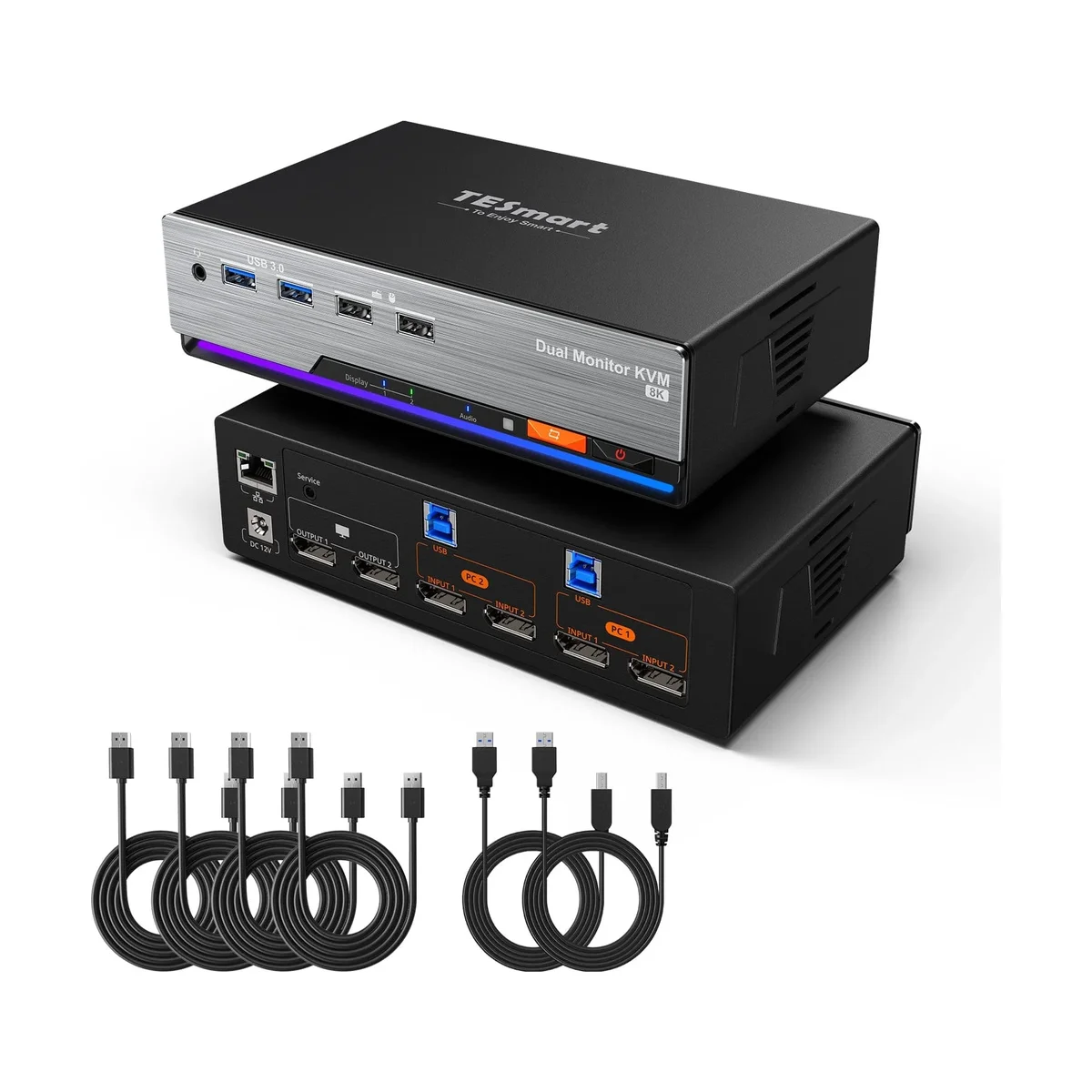 TESmart DKS202-M24 dual-monitor 8K KVM switch showing front USB 3.0 ports and rear DisplayPort inputs and outputs, with included DP and USB cables