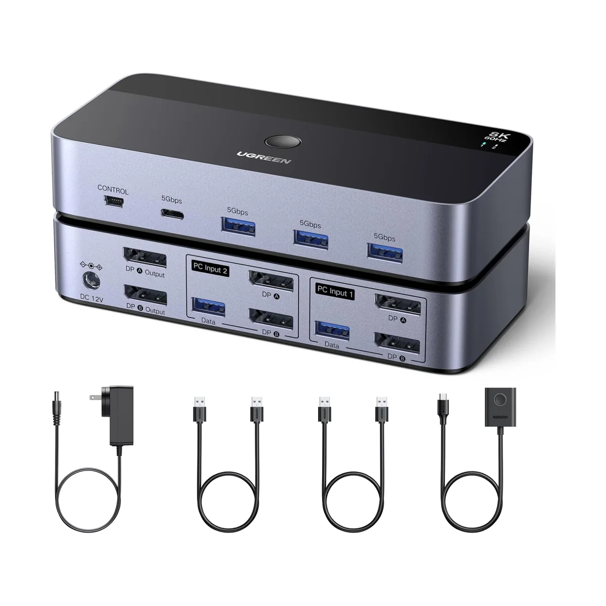 UGREEN 8K@60Hz DisplayPort KVM Switch 55851 in aluminum with its DP and USB ports, shown with the power adapter, two USB-A cables and the desktop control button
