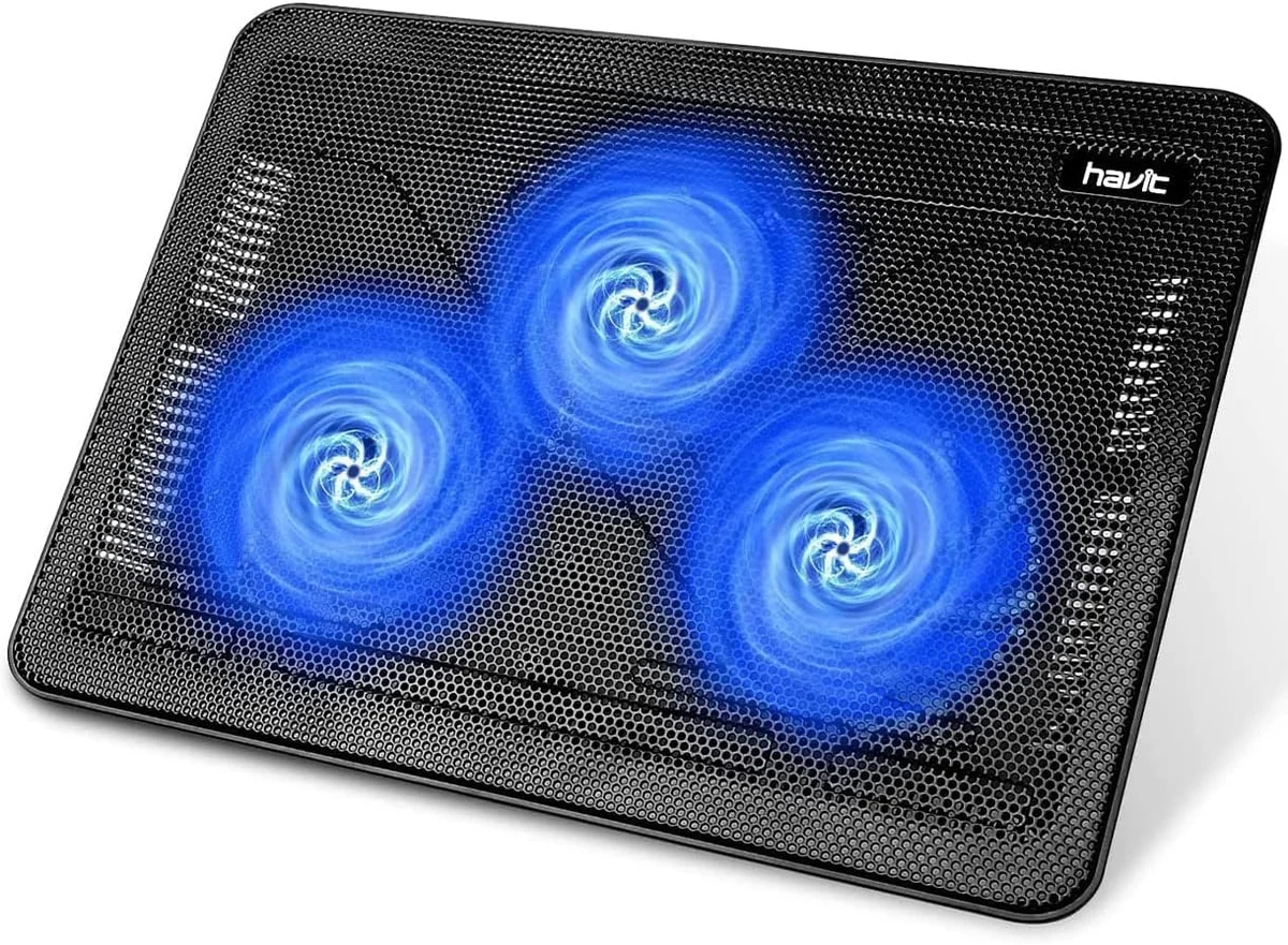 Havit HV-F2056 top-down view showing three blue LED fans on metal mesh surface