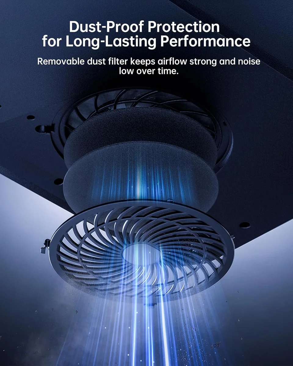 llano V12 Ultra bottom view showing 5.5-inch turbo fan and removable dust filter layers