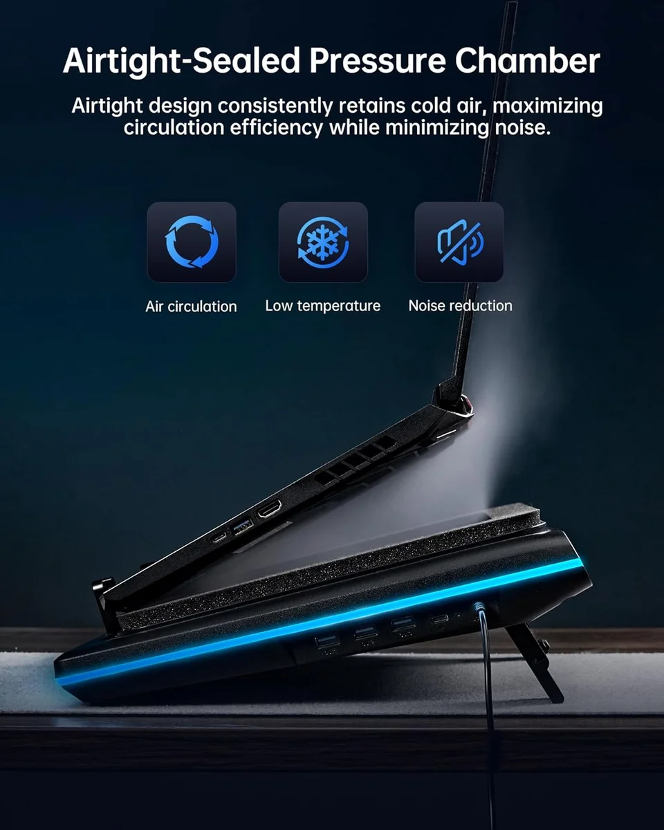 llano V12 Ultra side profile showing sealed pressure chamber, adjustable stand legs, and USB hub ports