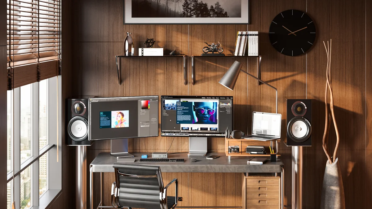 CalDigit TS4 dock on a creative professional's dual-monitor desk setup