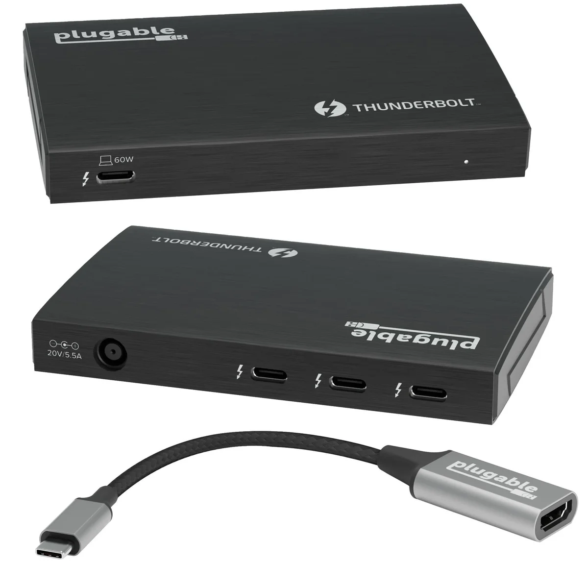Plugable Thunderbolt 4 Hub top and bottom views alongside included USB-C to HDMI adapter