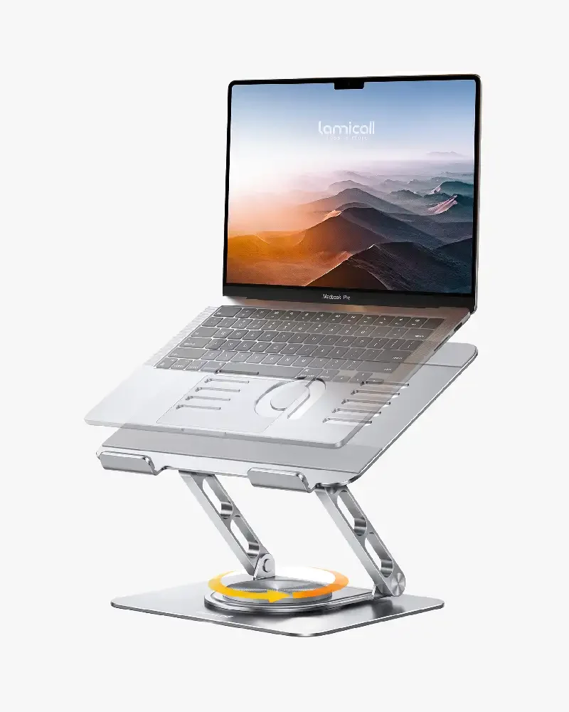 Lamicall Adjustable Laptop Stand in silver showing 360-degree rotating base with orange accent ring