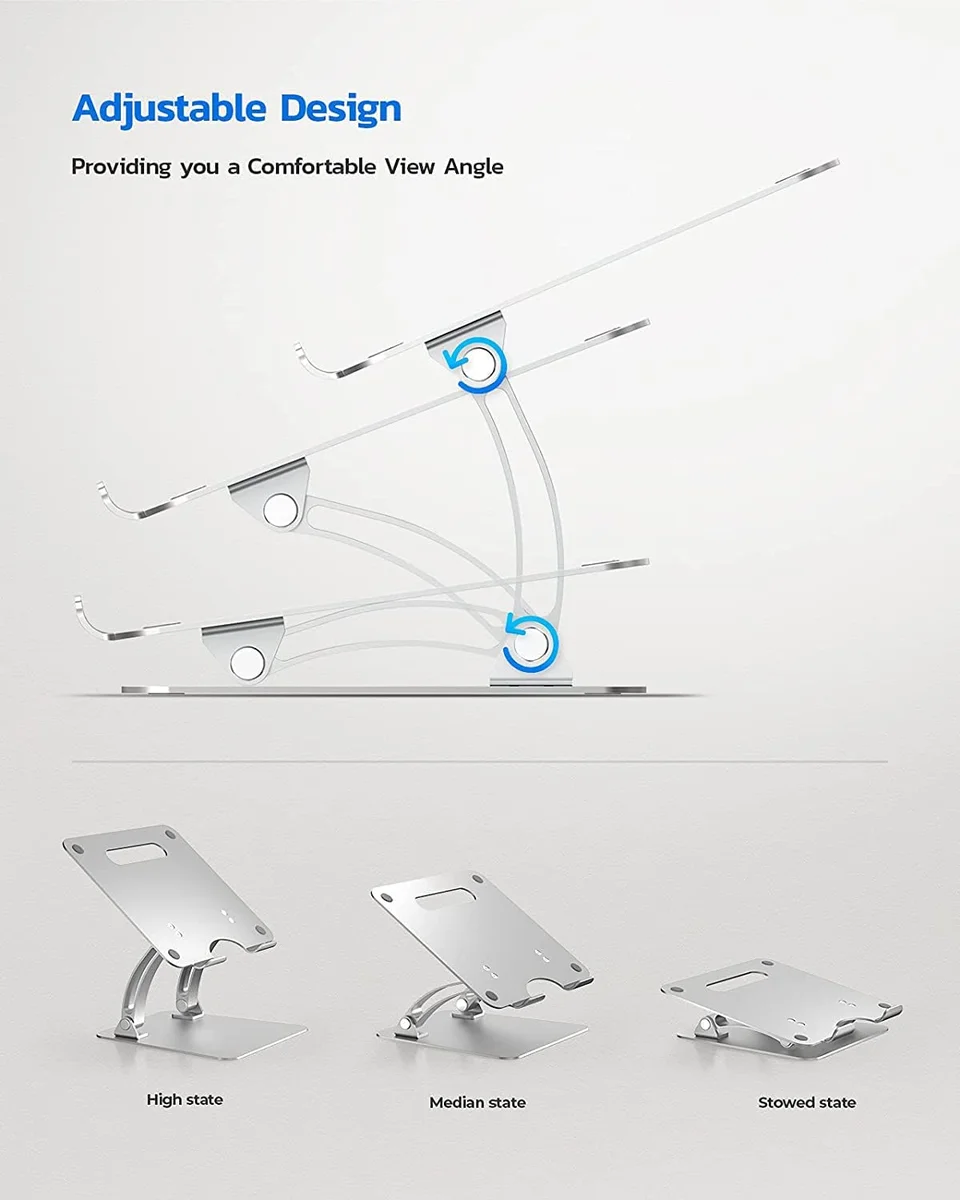Nulaxy laptop stand adjustable design diagram showing high, median, and stowed positions with dual foldable shafts