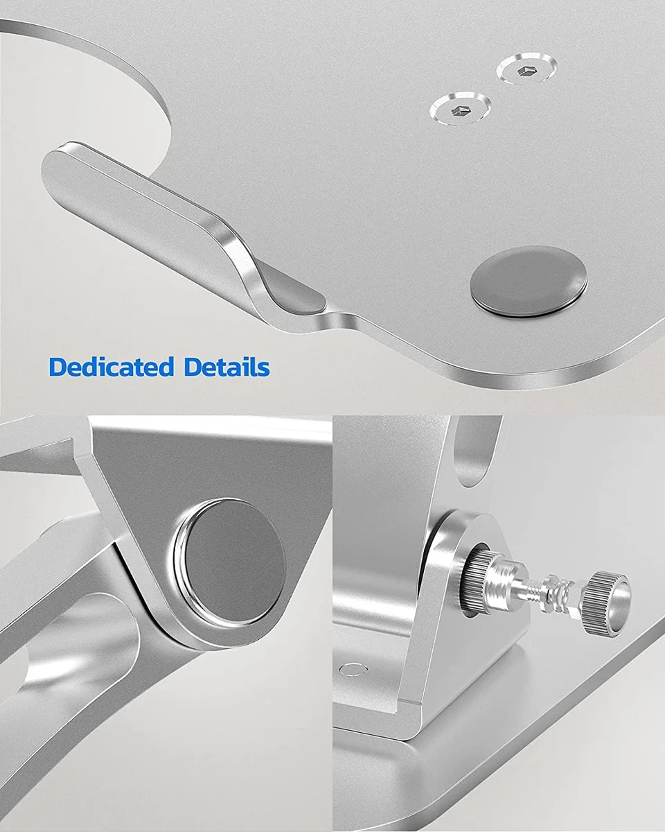 Nulaxy laptop stand close-up of aluminum build details showing anti-slip silicone pads, wide hooks, and hinge hardware