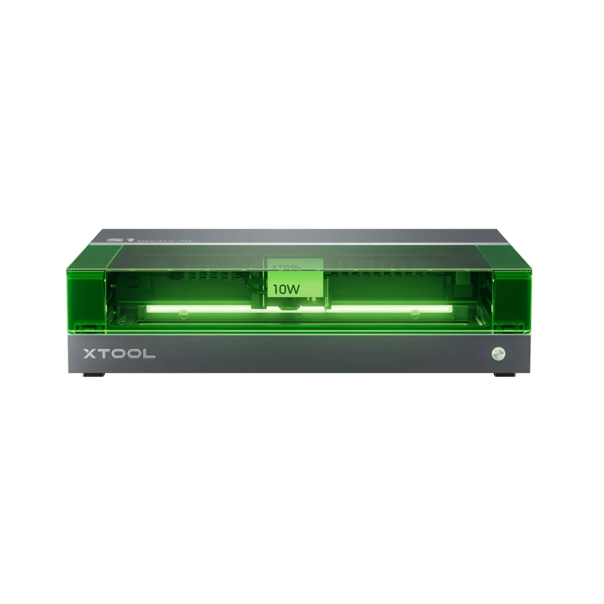 xTool S1 front view with the green safety lid closed