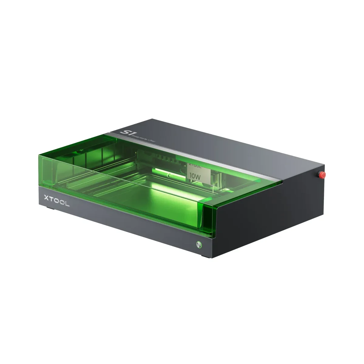 xTool S1 enclosed diode laser cutter, matte grey box-shaped machine with translucent green safety lid, 3/4 angle view on white background