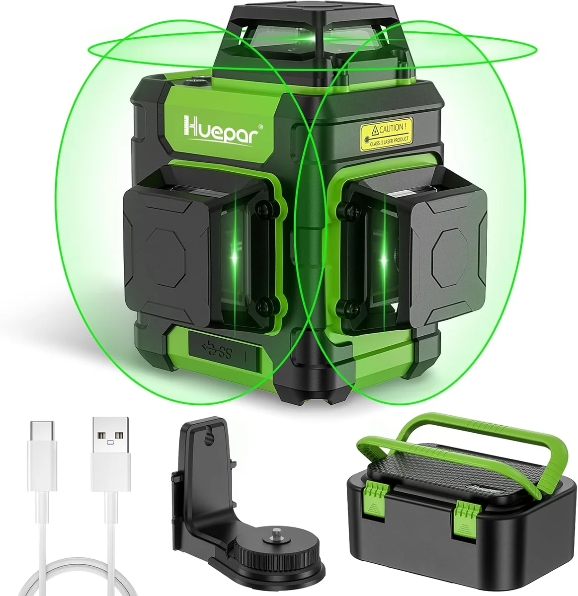 Huepar HM03CG laser level with USB-C cable, magnetic wall bracket, and carry case