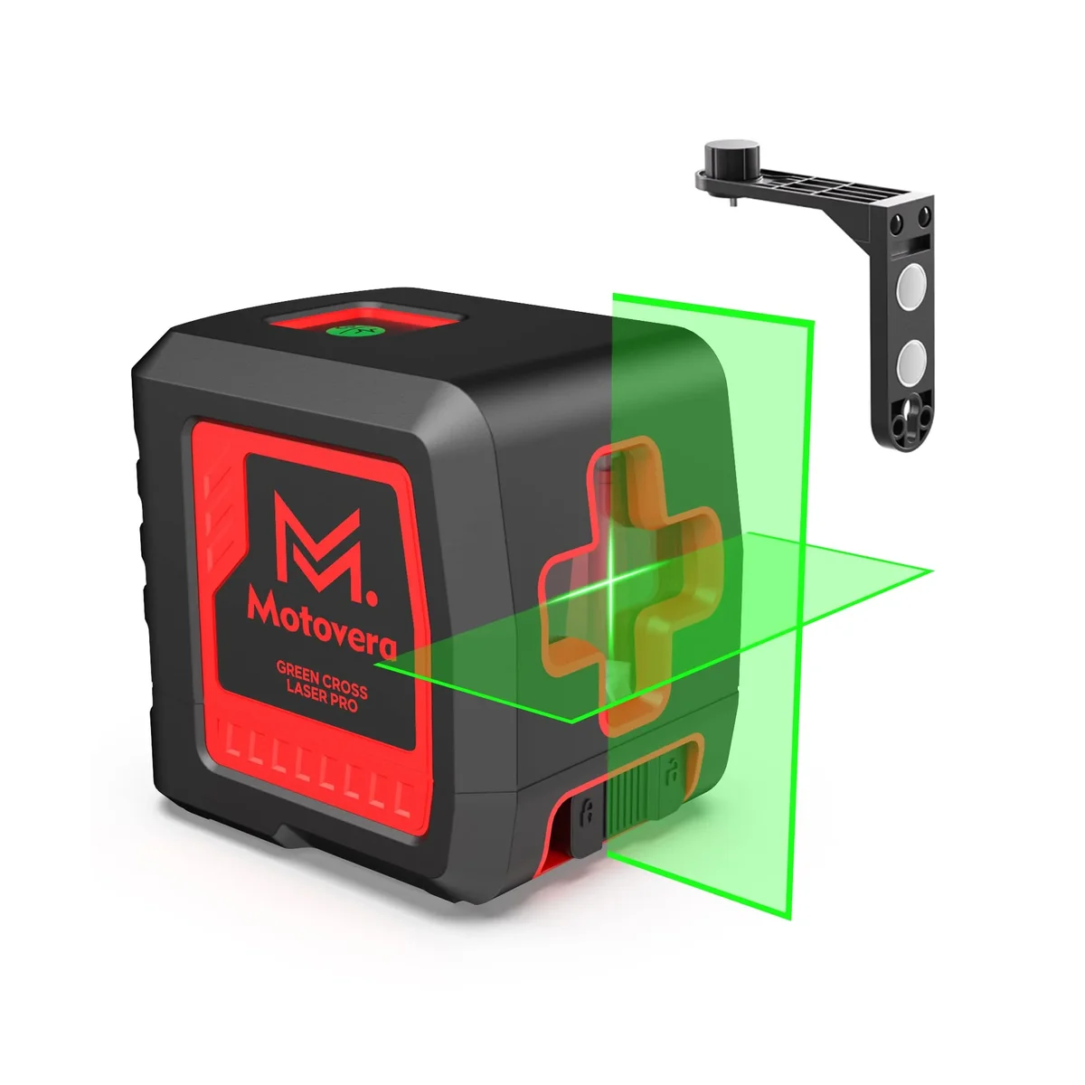 Motovera LL-T2 side profile view showing green cross-line laser beams and magnetic mount bracket