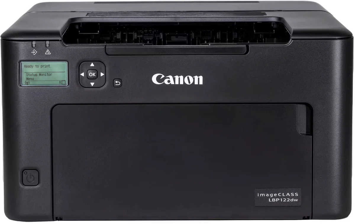 Canon imageCLASS LBP122dw straight-on front view showing LCD control panel displaying Ready to print status