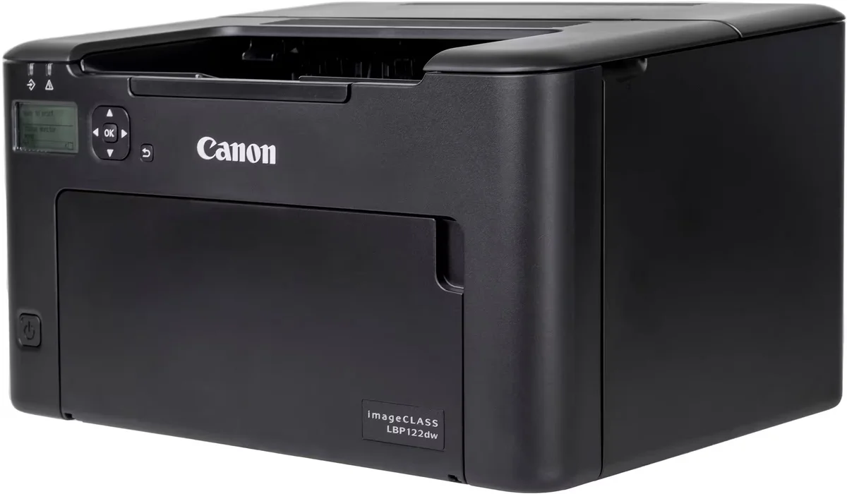 Canon imageCLASS LBP122dw three-quarter front-left angle view showing imageCLASS LBP122dw badge and compact form factor