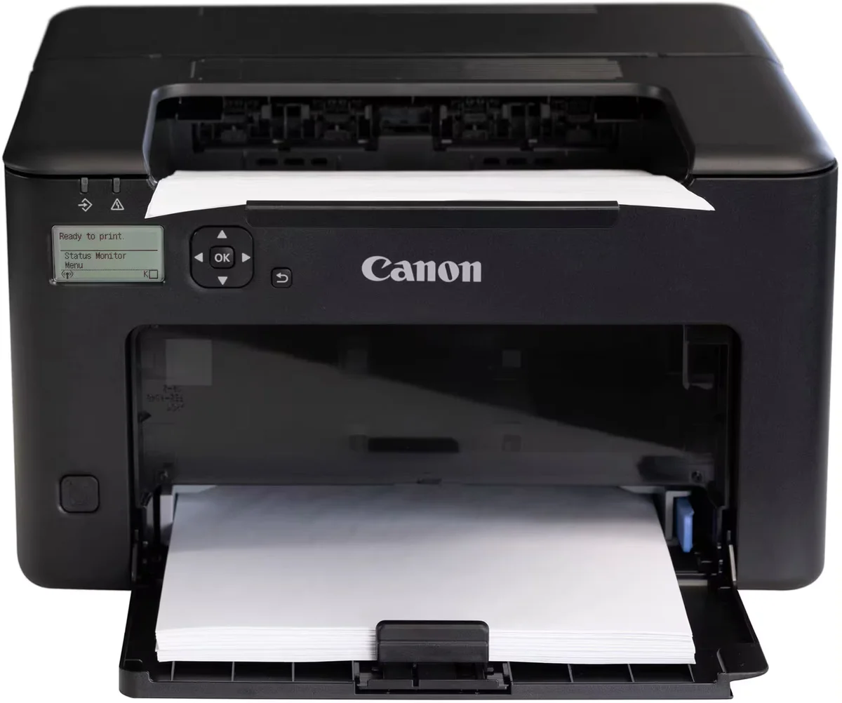 Canon imageCLASS LBP122dw front view with paper cassette open and paper stack loaded showing manual feed tray capacity