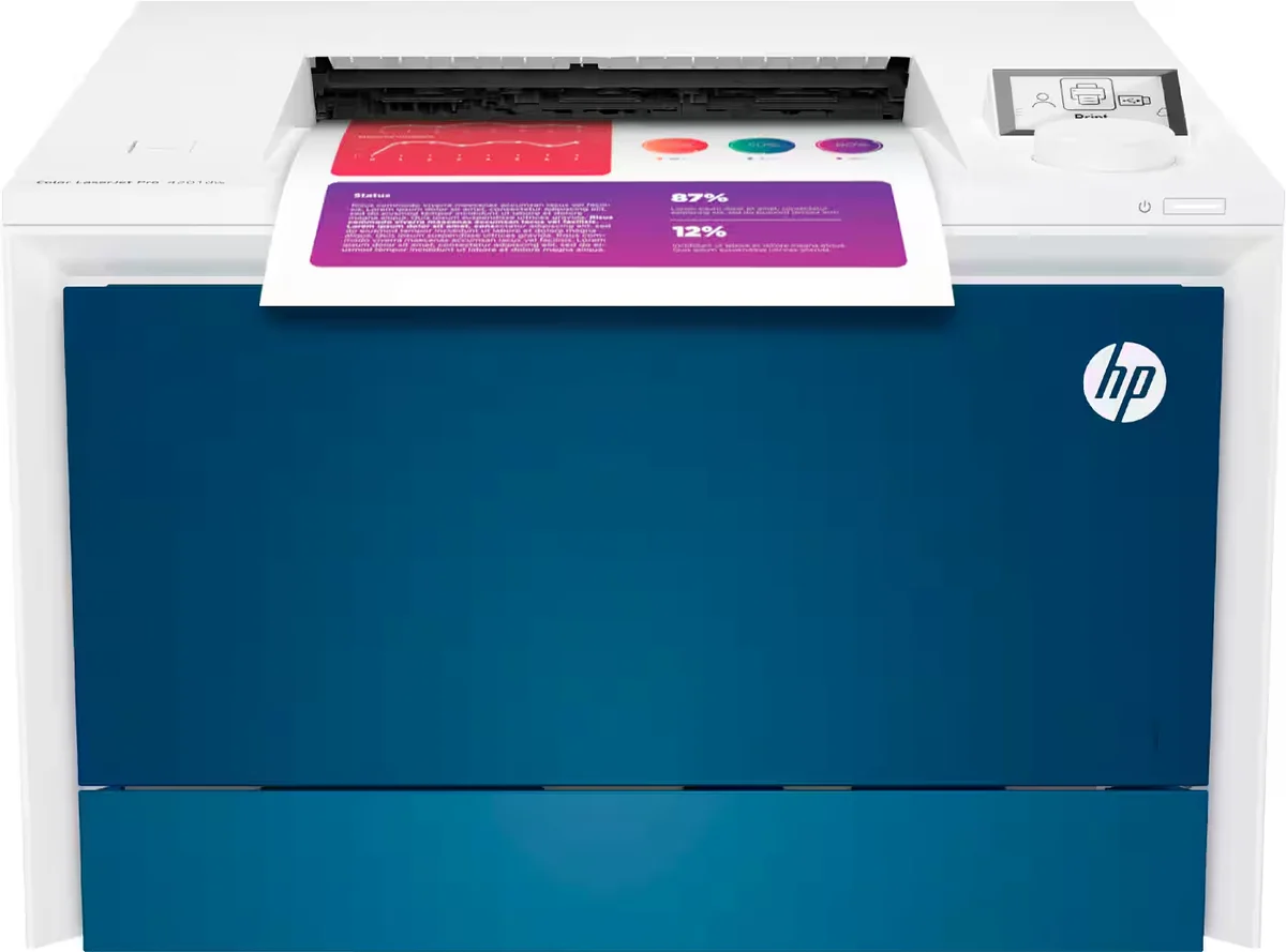 HP Color LaserJet Pro 4201DW front view with vibrant color printout in output tray and LCD display