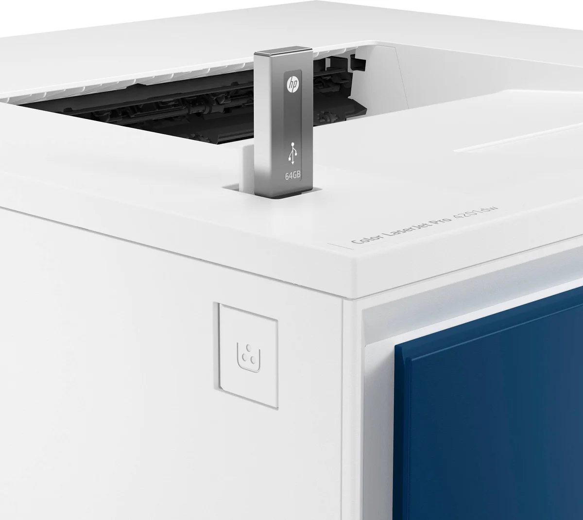 HP Color LaserJet Pro 4201DW close-up of USB flash drive port and front panel detail